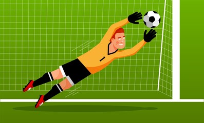 Soccer goalkeeper catches the ball after hitting the striker. Vector cartoon illustration.