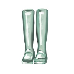 watercolor illustration drawn by hand. blue rubber boots for gardening, walking in the rain.