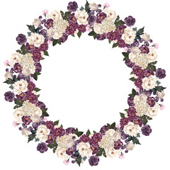 Watercolor retro wreath. Vintage flowers and leaves, isolated on white background