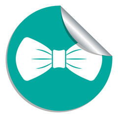 Bow tie ribbon white icon on a green peeling circle sticker symbol. Elegance men fashion accessory. Vector illustration. 