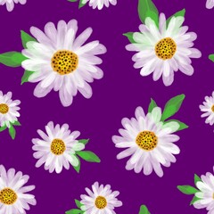 Abstract Hand Drawing Colorful Daisies and Leaves Seamless Pattern Isolated Background