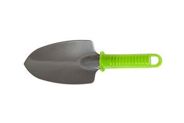 Garden tools. Small garden shovel with green handle isolated on white background