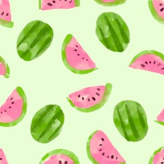 Seamless background with watermelon slices. Bright watercolor sketch of watermelon. Template background and wrapping paper, the backdrop of postcards and cards.
