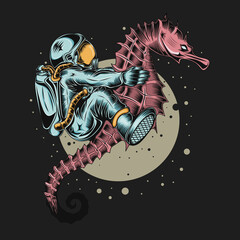 illustration of an astronaut riding a seahorse in space