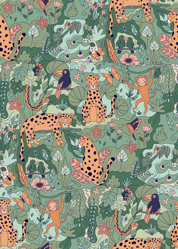Jungle seamless pattern with doodle animals. Hand drawn leopards, parrots, toucan, chameleon, snake and monkey. Vector illustration ideal for wallpapers, nursery and fabrics. Rainforests plants.