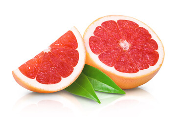 Fototapeta na wymiar Two juicy sweet grapefruit slices Isolated on white background. Fresh fruits.