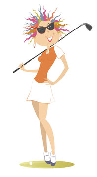 Young golfer woman on the golf course illustration.
Pretty smiling golfer woman in sunglasses with a golf club isolated on white
