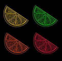 A set of four halves of orange, yellow, green and red citrus slices - lemon, lime, orange, grapefruit. Stock vector illustration isolated on black background.