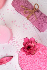Vertical shot spa accessories flat lay top view.