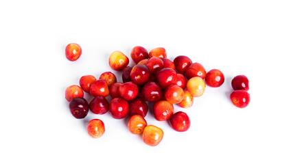 Naklejka na ściany i meble Cherry isolated on a white background. Sweet cherry berries on a white background. Red berries are isolated. Yellow cherry.
