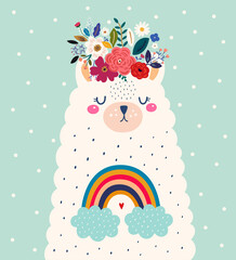 Baby design with cute llama and rainbow. Vector illustration with cute animal lama, alpaca. Nursery baby illustration © moleskostudio