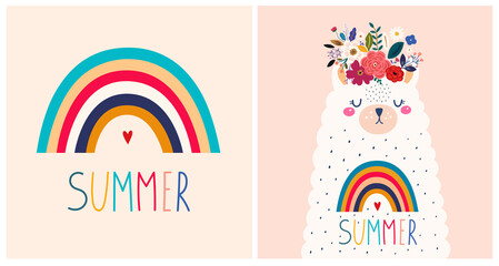 Baby design with cute llama and rainbow. Vector illustration with cute animal lama, alpaca. Nursery baby illustration © moleskostudio
