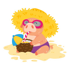Piglet on the beach in a straw hat, sunglasses and a cocktail in a coconut. The pig is sitting on the sand. Cute vector illustration isolated on white background.