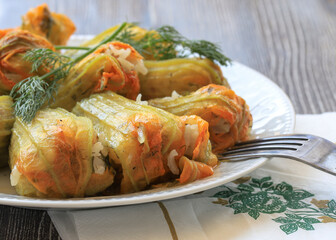 Traditional delicious Turkish - Greek cuisine, Turkish food; Stuffed zucchini flowers (Turkish name; kabak cicegi dolmasi)