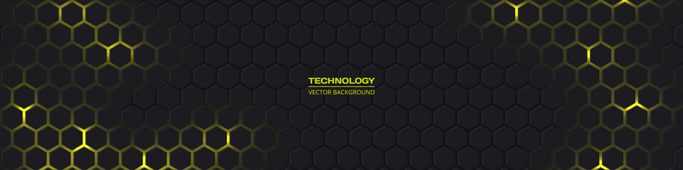 Dark gray and yellow horizontal hexagonal technology abstract vector background. Yellow bright energy flashes under hexagon in futuristic modern technology wide banner. Dark honeycomb texture grid