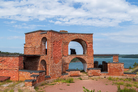 Ruins of the Notvikstornet (Notvik Tower) which is part of the fortress of Bomarsund in &Aring;land Islands, Finland, on a sunny day in the summer.