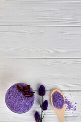 Top view flat lay purple stuff for spa treatment.