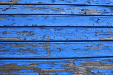 Torn blue wooden wall. Flaked wood plank, the bluish color loosen. Old worn part of a house. Plenty...