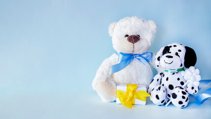 White teddy bear and spotted dog with small present with yellow ribbon on light blue background. Greeting card, baby shower invitation, baby birth, gender reveal concept. 