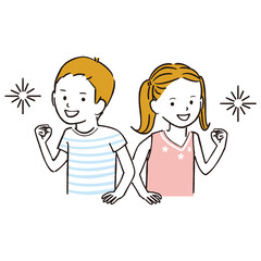 手書き線画カラーイラスト 線画　ガッツポーズ男の子女の子