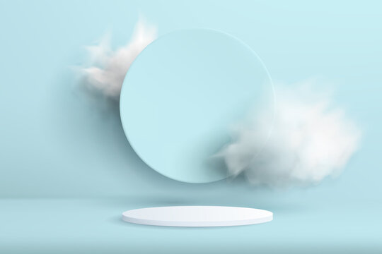 Abstract background with a podium in a minimal style with clouds on the background. A realistic image of an empty cylindrical pedestal for product demonstration with a circle decoration.