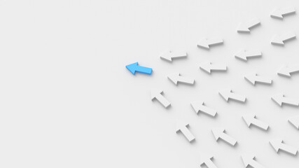 Leadership concept, blue leader arrow leading white arrows, on white background with empty copy space on left side. 3D Rendering