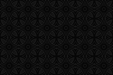 3D volumetric convex embossed black background. Ethnic Arabic geometric pattern with handmade elements. Decorative ornament for design and decor, textiles, wallpapers, presentations, business cards.