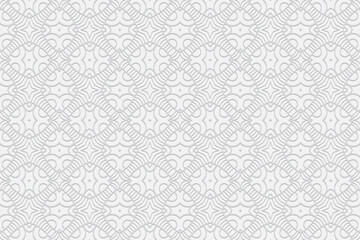 3D volumetric convex embossed white background. Ethnic Arabic geometric pattern with handmade elements. Simple ornament for design and decoration, textiles, wallpapers, presentations, business cards.