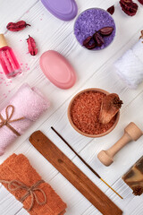 Vertical shot arrangement of accessories for health and bath.