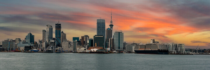 Sunset over the skyline of Auckland