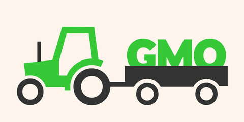 Tractor with genetically modified organism and GMO as load. Agriculture and genetic engineering, modification and alteration of crop and plant. Vector illustration.