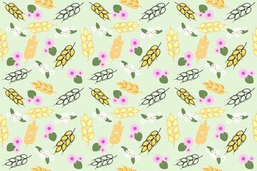 Repeating colored pattern of different ears of crops, bindweed leaves and flowers on a light green background for printing on fabric and paper