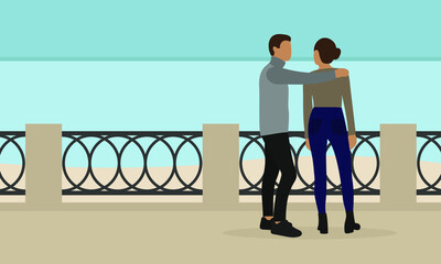 Male character and female character together on the waterfront