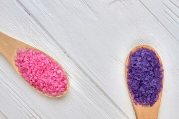 Rustic spoons with pink and blue himalayan salt.