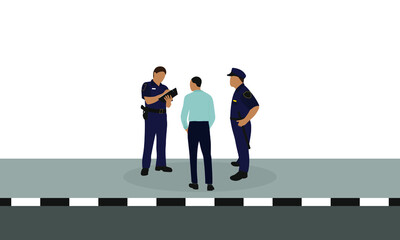Two police officers and a male character in business clothes stand on the sidewalk on a white background