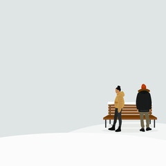 Male character and female character near wooden bench in winter