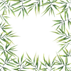 Watercolor square frame with green bamboo leaves on a white background. Botanical illustration for postcards, posters, banners, fabrics.