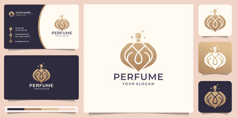 golden perfume bottle logo design with business card template.luxury perfume logo design inspiration