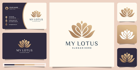 luxury elegant lotus flower logo template with golden color and business card design inspirations. - obrazy, fototapety, plakaty