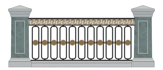 Fototapeta premium Classic Iron Railings With Granite Pillars. Meander. Gold Decor. Vintage. Luxury Modern Architecture. Urban Design. Palace. City. Street. Park. Wrought Iron Fence. Handrails. Blacksmithing. Template. 