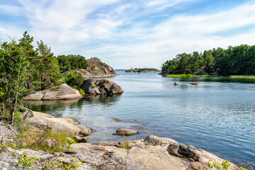 Fototapeta na wymiar A beautiful view with kayaking in the St. Anna archipelago in the Baltic Sea, Sweden 