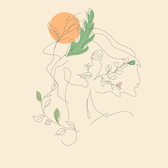 Abstract line art portrait in pastel colours with botanical elements