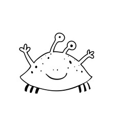 Funny imaginary crab monster waving hands, adorable creature for children. Monochrome character for kids activity coloring book. Black and white outline coloring page.