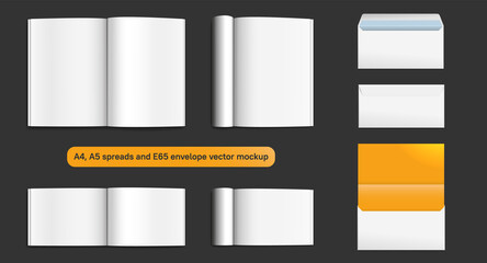 Naklejka premium Magazine Mockup Spread Page Envelope Template Set