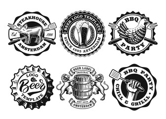 A set of black and white badges for barbeque and beer themes
