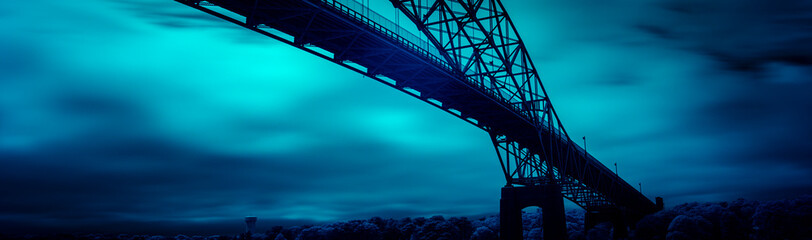 The infrared landscape of Bourne Bridge and Cape Cod Canal in Massachusetts. Blue Monochrome Nightscape of Dramatic Clouds and Shilouett Bridge. High Contrast Image with Space for Text and Design. 
