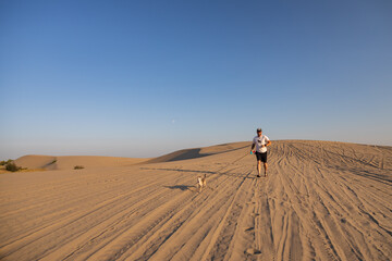 Fototapeta na wymiar Man with small brown dog running on St. Anthony sand dunes, Idaho, USA
