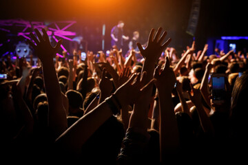People at a public event. Crowd with raised hands at a concert.