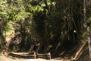 Man and his pit bull dog running on the dirt road. He and the pitbull exercising. Sunny day with...