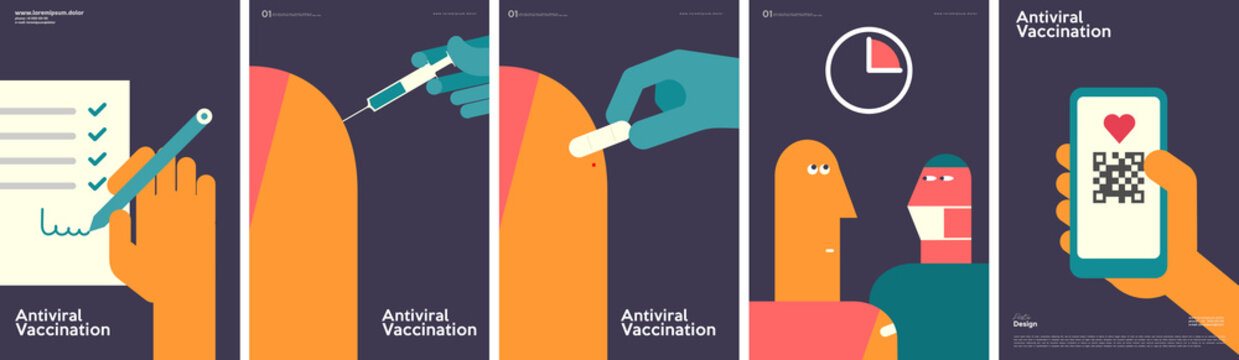 Vaccination. Simple, fun, background pictures. Set of vector illustrations. Stages of vaccination.